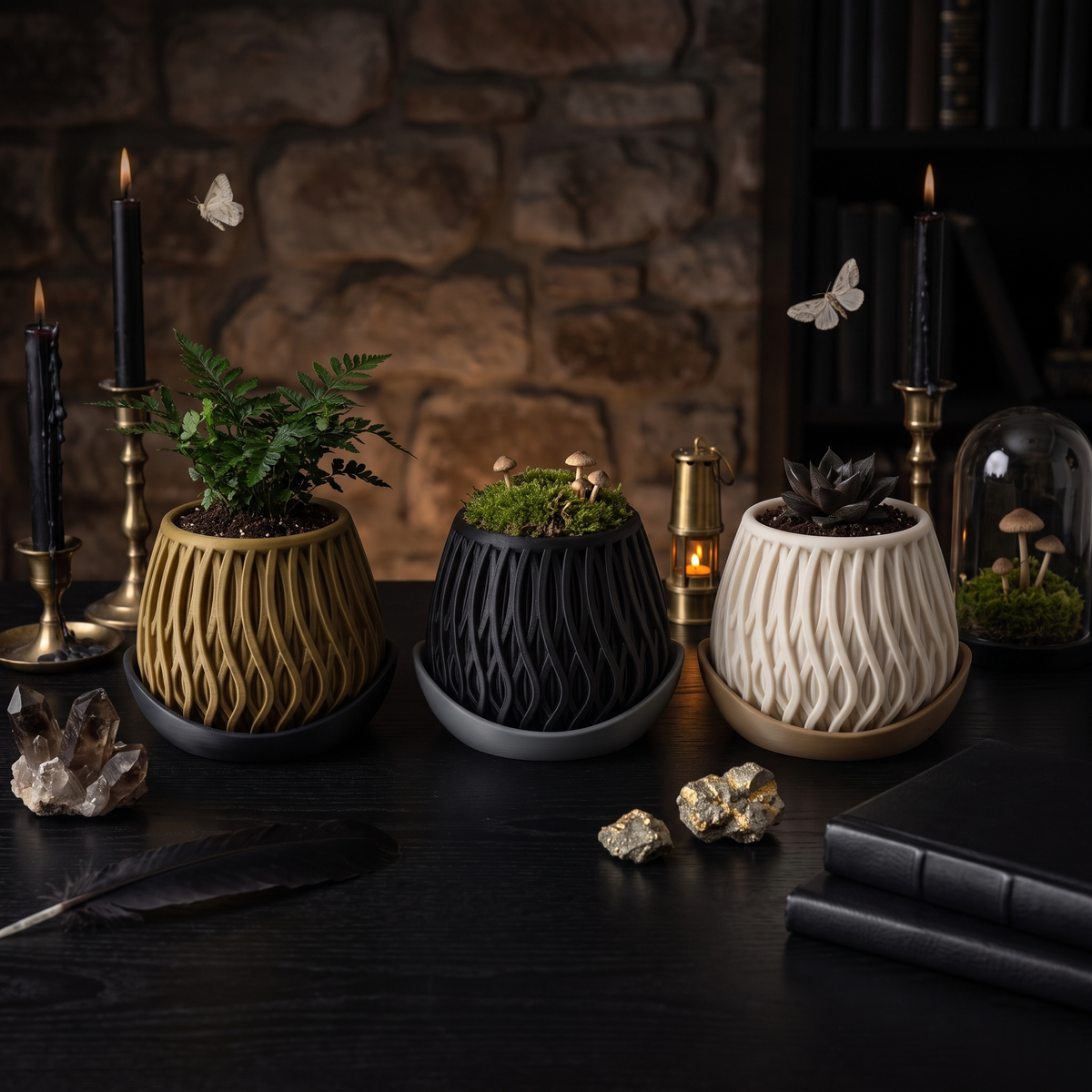 Small 3D-printed ribbed planters in brown, black and white