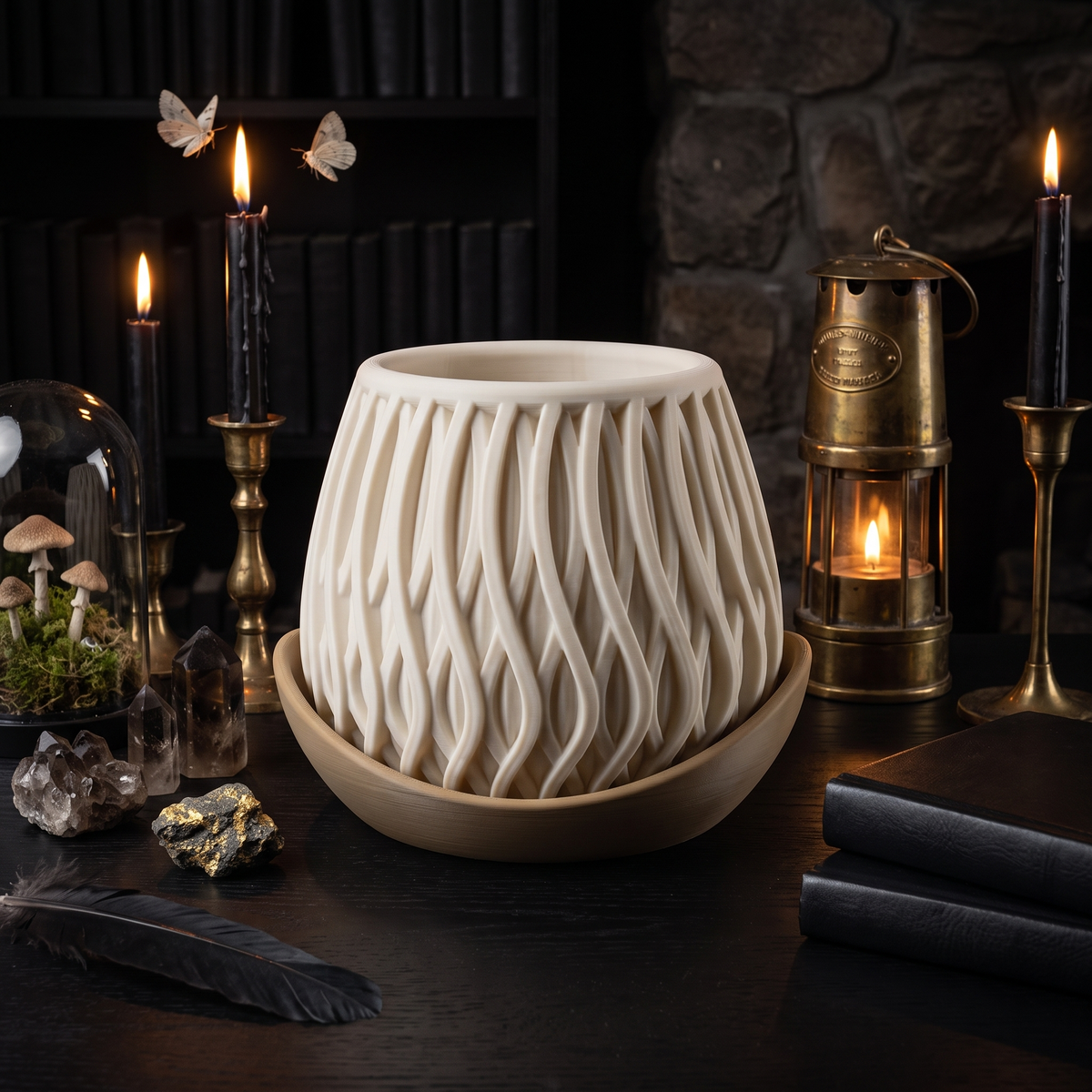 Small 3D-printed ribbed planter in cream white