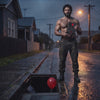 The OMC miner standing on a rainy road beside a storm drain with a red balloon, holding the IT custom bound book and saying 'We all float down here'