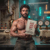 The OMC miner in a gritty sci-fi workshop holding the Murderbot Diaries Vol 1 custom bound book, saying 'I think Murderbot got it right, I'd rather avoid all humans and read, too' and laughing