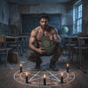 The OMC miner crouched over a candlelit chalk pentagram in an abandoned schoolroom, holding the Katabasis custom bound book and asking 'Are you ready to enter the nine circles of hell?'