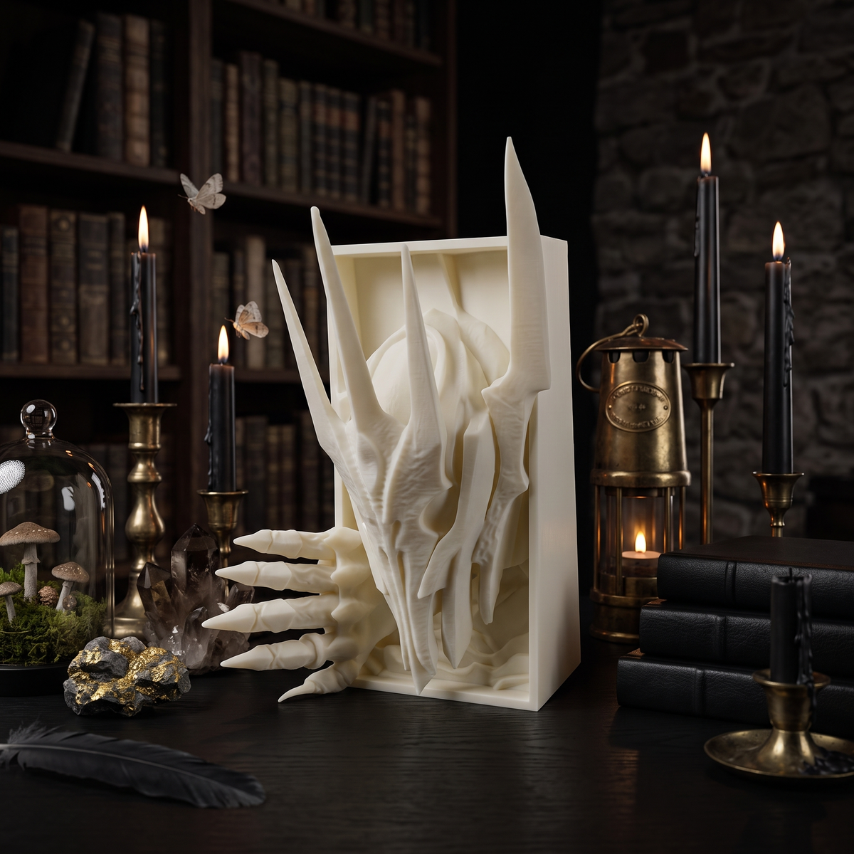 Sauron 3D-printed book nook in a dark candlelit study