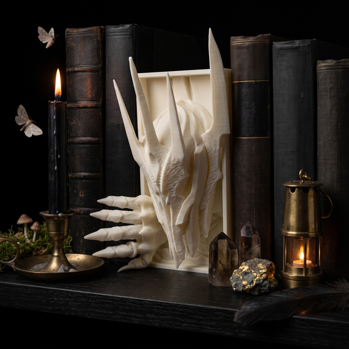 Sauron 3D-printed book nook between books on a shelf