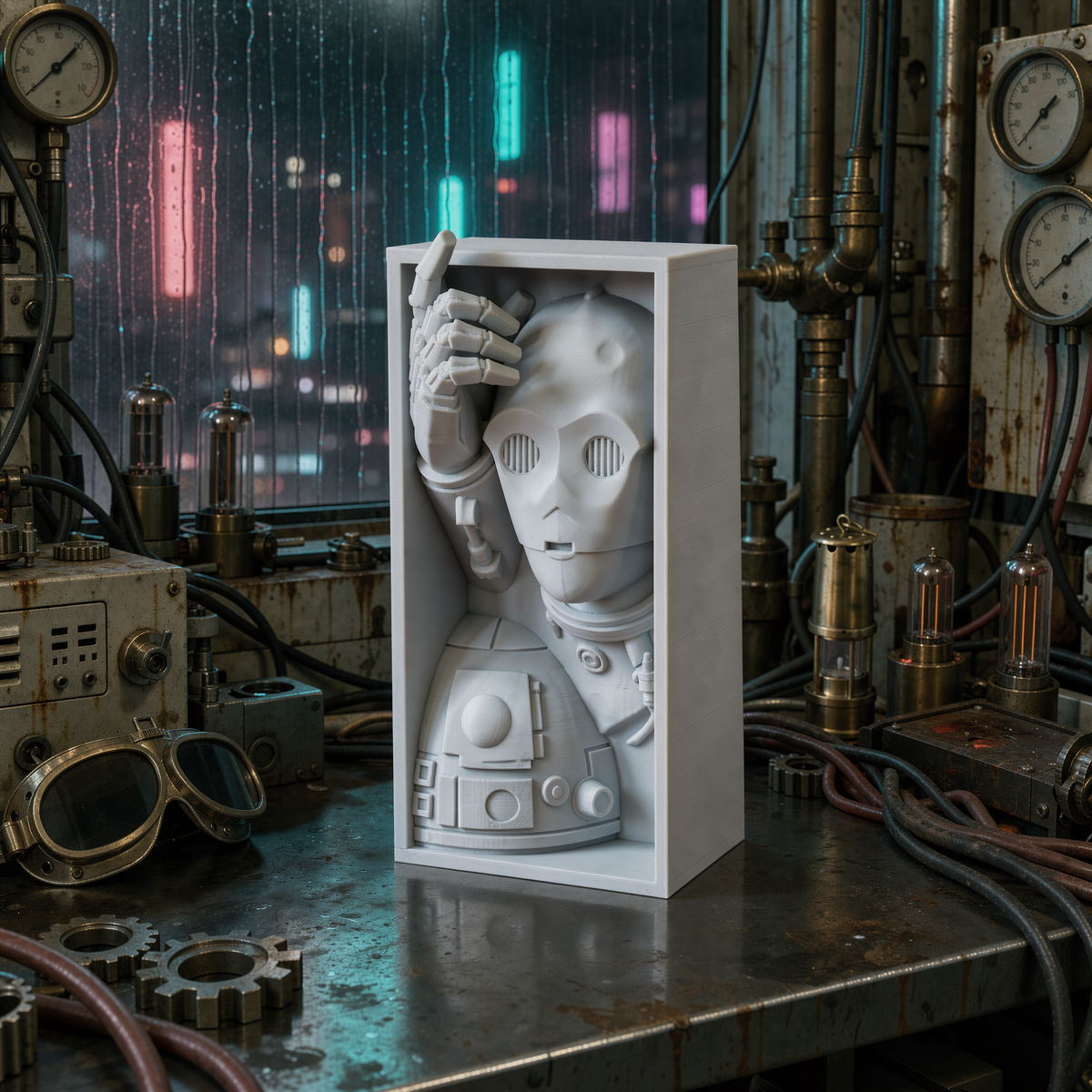 C-3PO and R2-D2 3D-printed book nook on a gritty sci-fi workbench