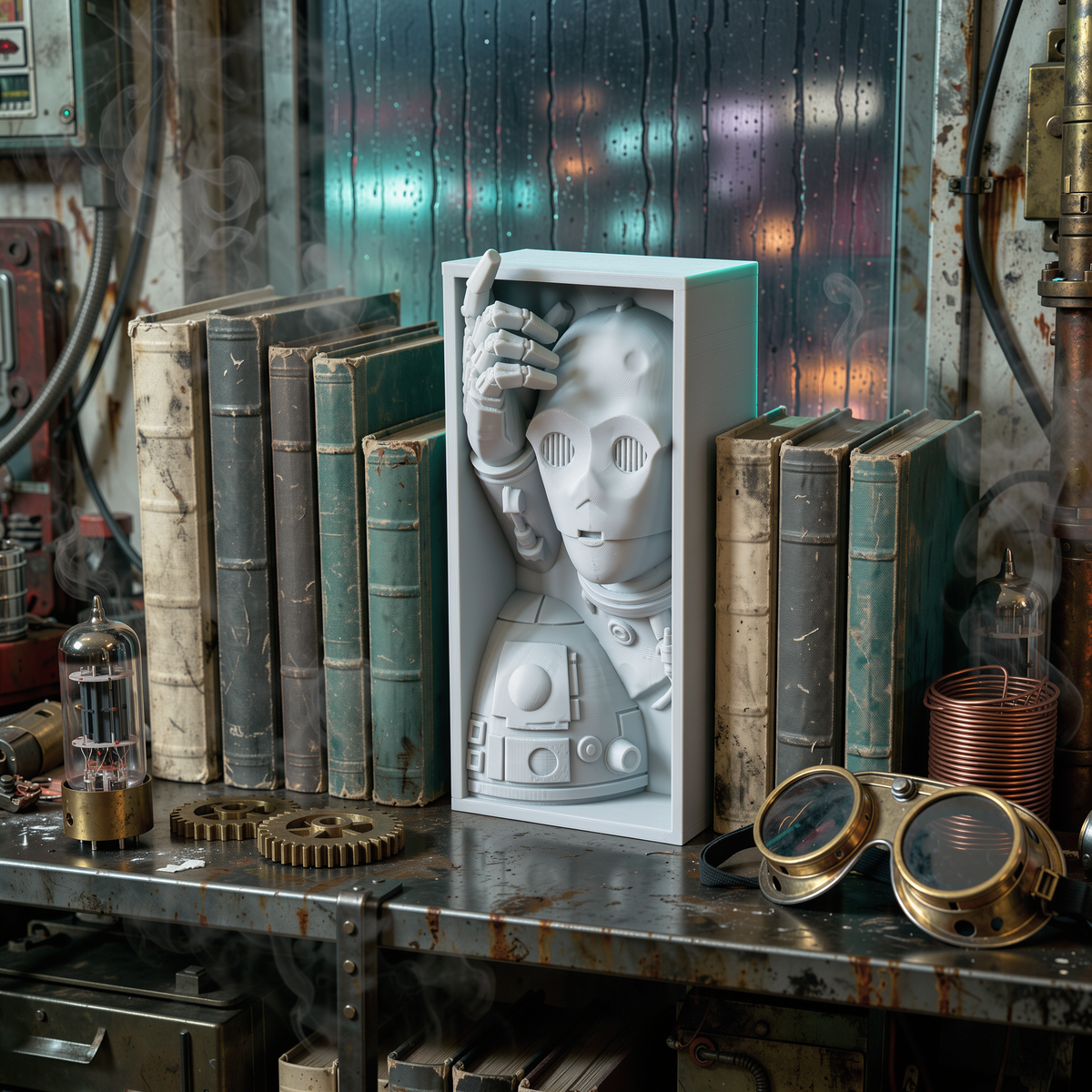 C-3PO and R2-D2 3D-printed book nook between books on a shelf