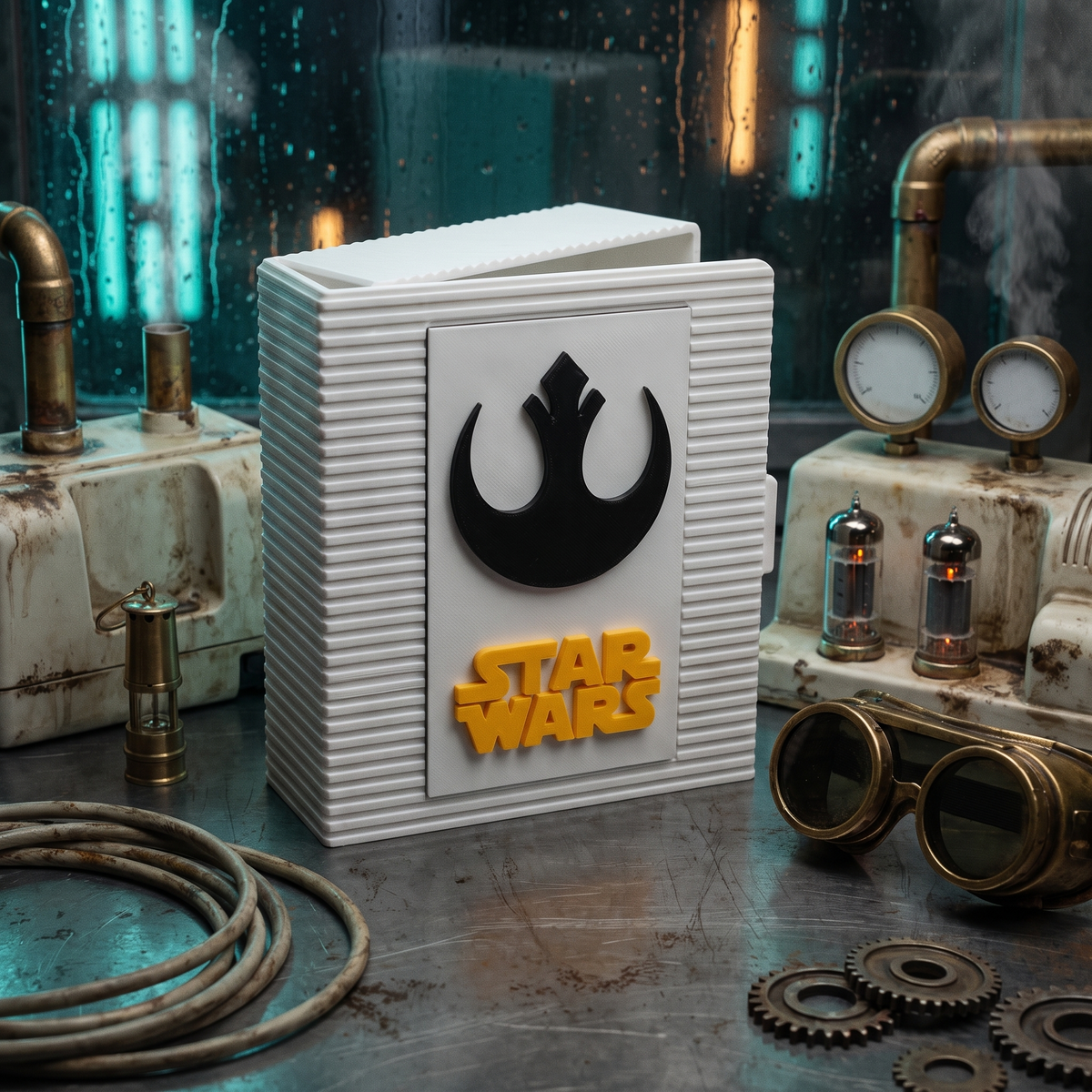 3D-printed white Star Wars book storage box for Dark Force Rising, open