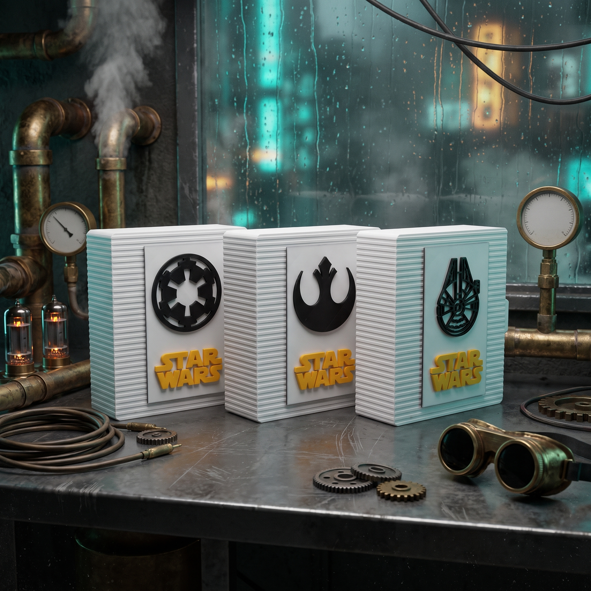 Set of three 3D-printed white Star Wars book storage boxes