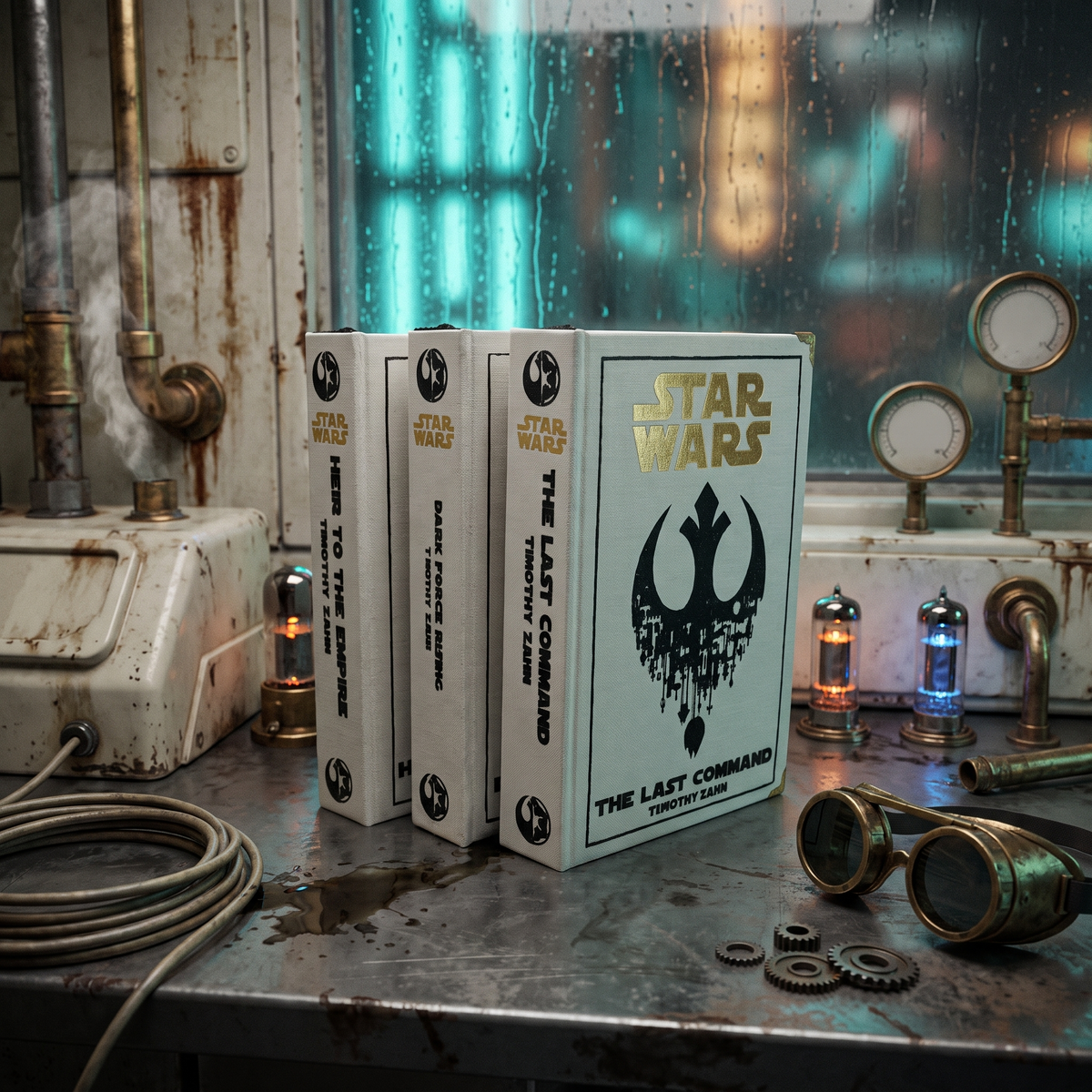 Star Wars Thrawn Trilogy set of three custom cloth-bound books, standing on a gritty sci-fi workbench