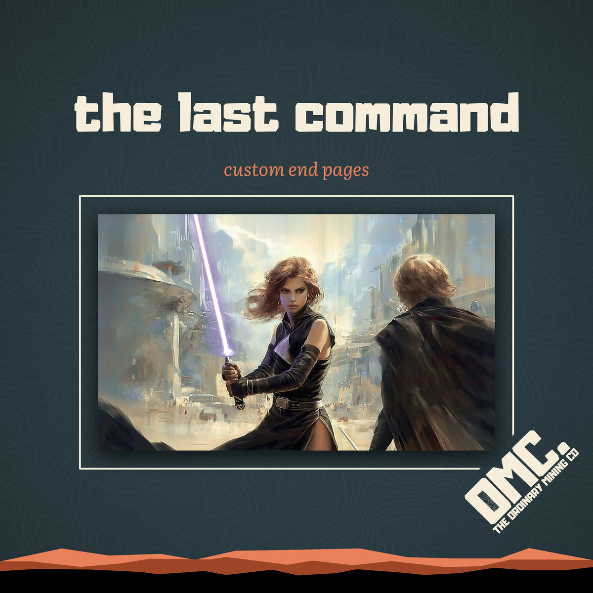 The Last Command custom end pages: a duel with a violet lightsaber in a sunlit city plaza