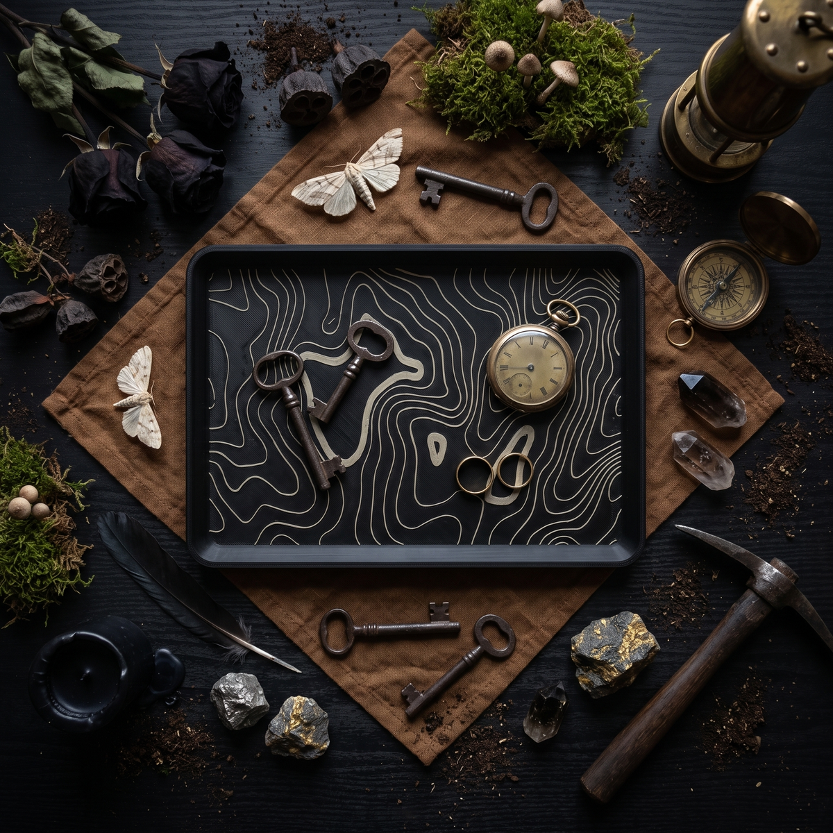 Topographic 3D-printed black tray, overhead flat lay