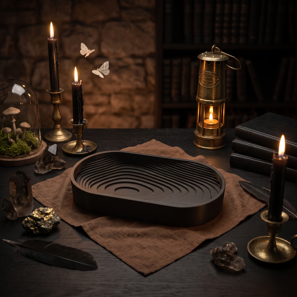 Topography 3D-printed dish with stepped terraces in a dark candlelit study